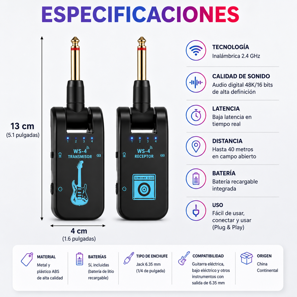 Sistema Inalámbrico para Guitarra 2.4G – Set Transmisor y Receptor para Guitarra Eléctrica y Bajo – Transmisión en Tiempo Real 48K/16 bits