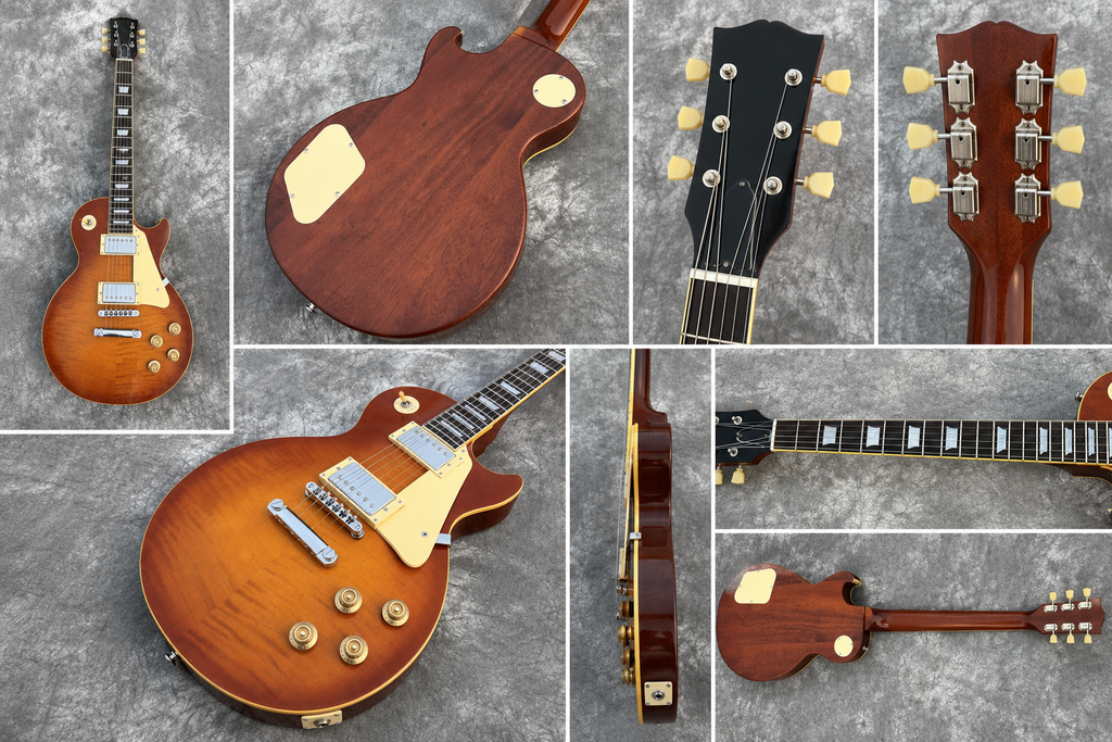 Guitarra eléctrica estilo Les P color rojo anaranjado, cuerpo de caoba, diapasón de ébano, cápsulas dobles humbucker (HH) y envío gratuito. 🎸