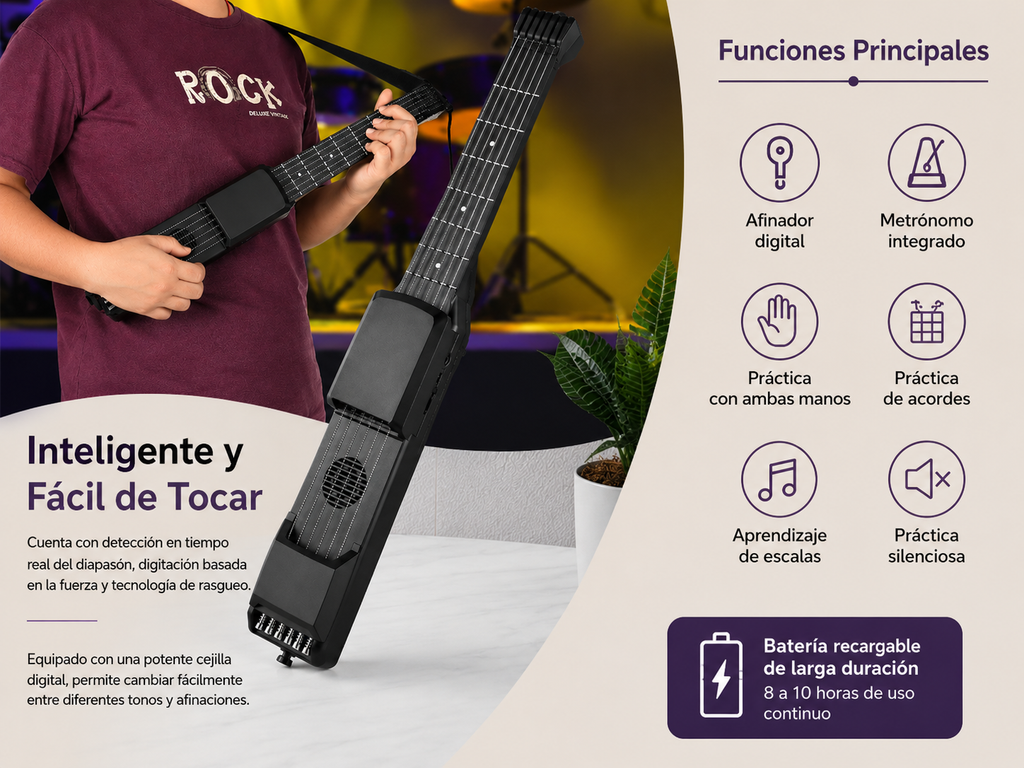 Smart Guitar Portátil 7 Trastes | Afinador, Metrónomo y MIDI Integrado