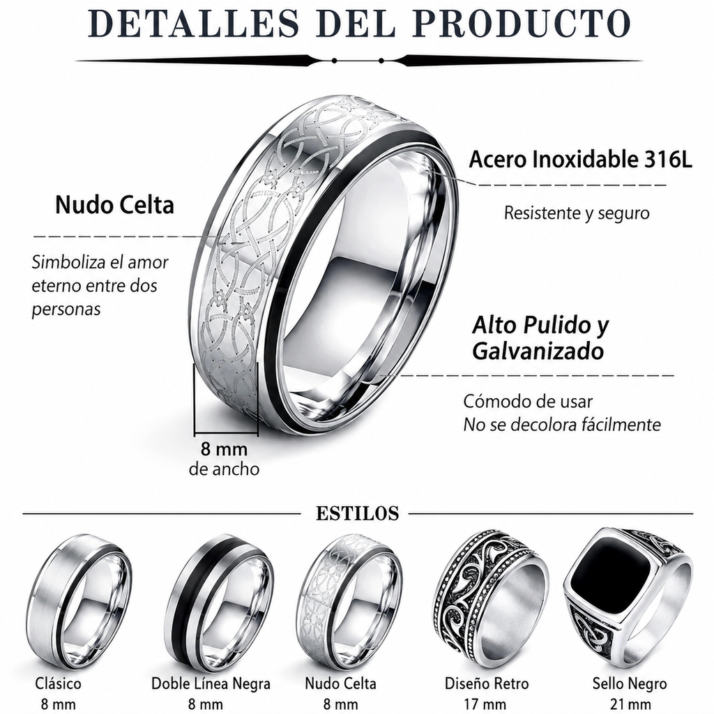 Set de 7 Anillos Rockeros para Hombre – Acero Inoxidable Bobisty