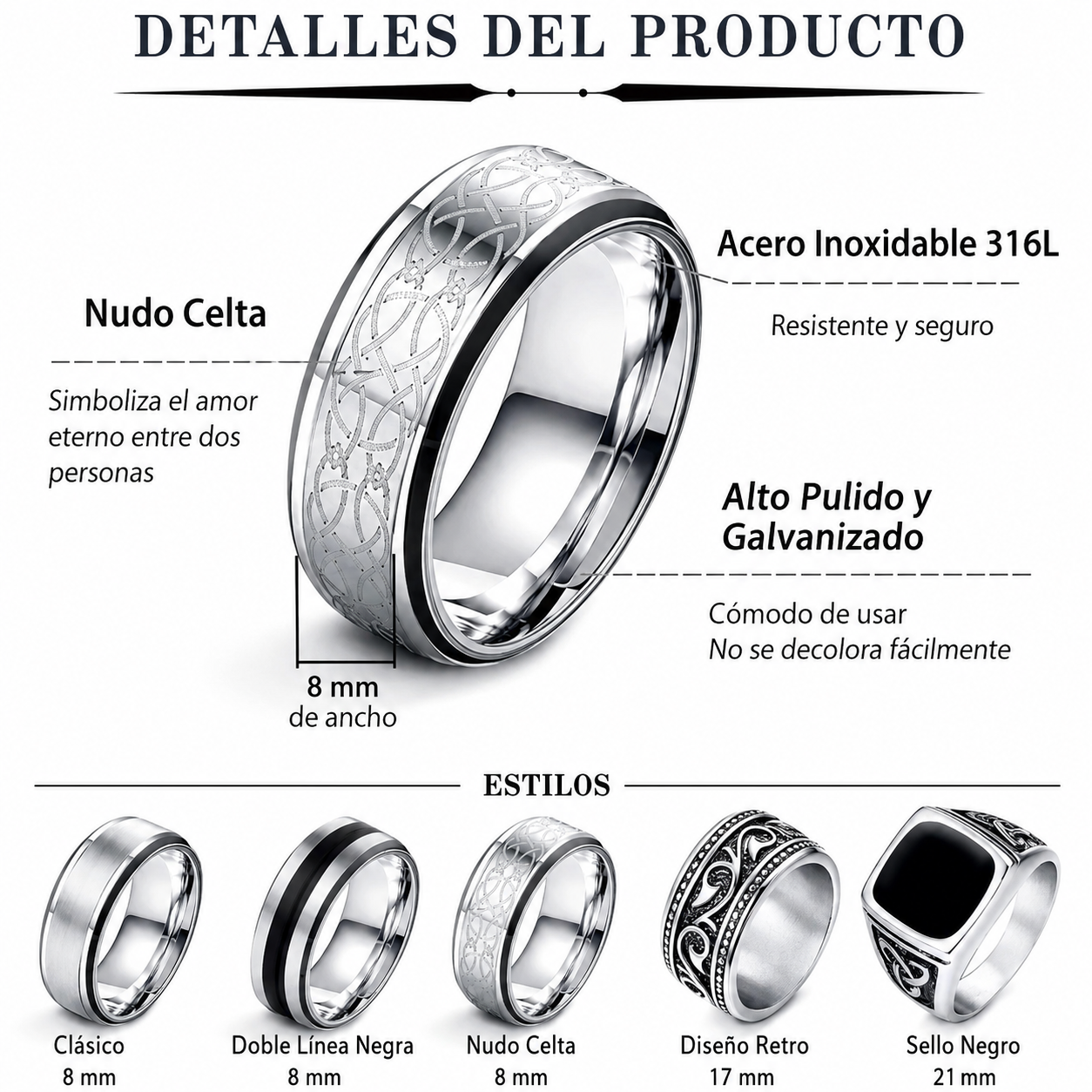 Set de 7 Anillos Rockeros para Hombre – Acero Inoxidable Bobisty