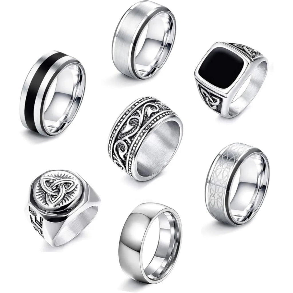 Set de 7 Anillos Rockeros para Hombre – Acero Inoxidable Bobisty