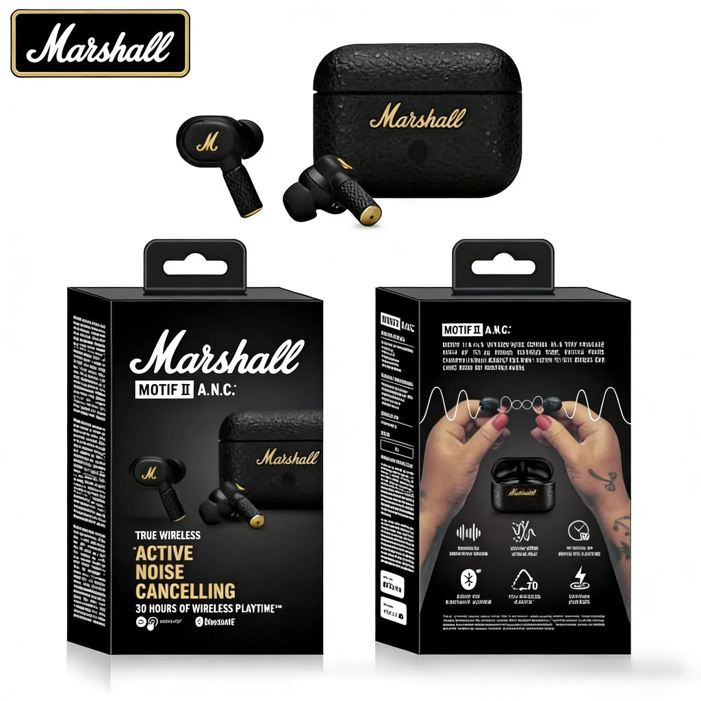 Audífonos Inalámbricos Bluetooth Marshall Motif II ANC – Cancelación Activa de Ruido – Negro y Dorado (Edición HK)