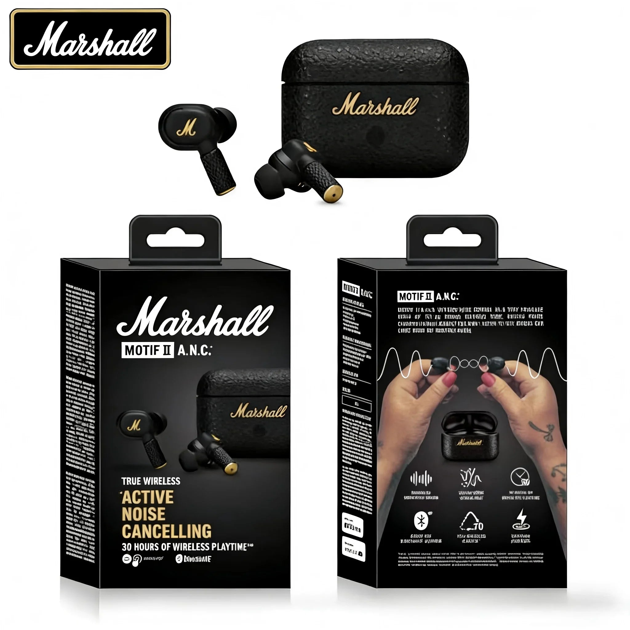 Audífonos Inalámbricos Bluetooth Marshall Motif II ANC – Cancelación Activa de Ruido – Negro y Dorado (Edición HK)