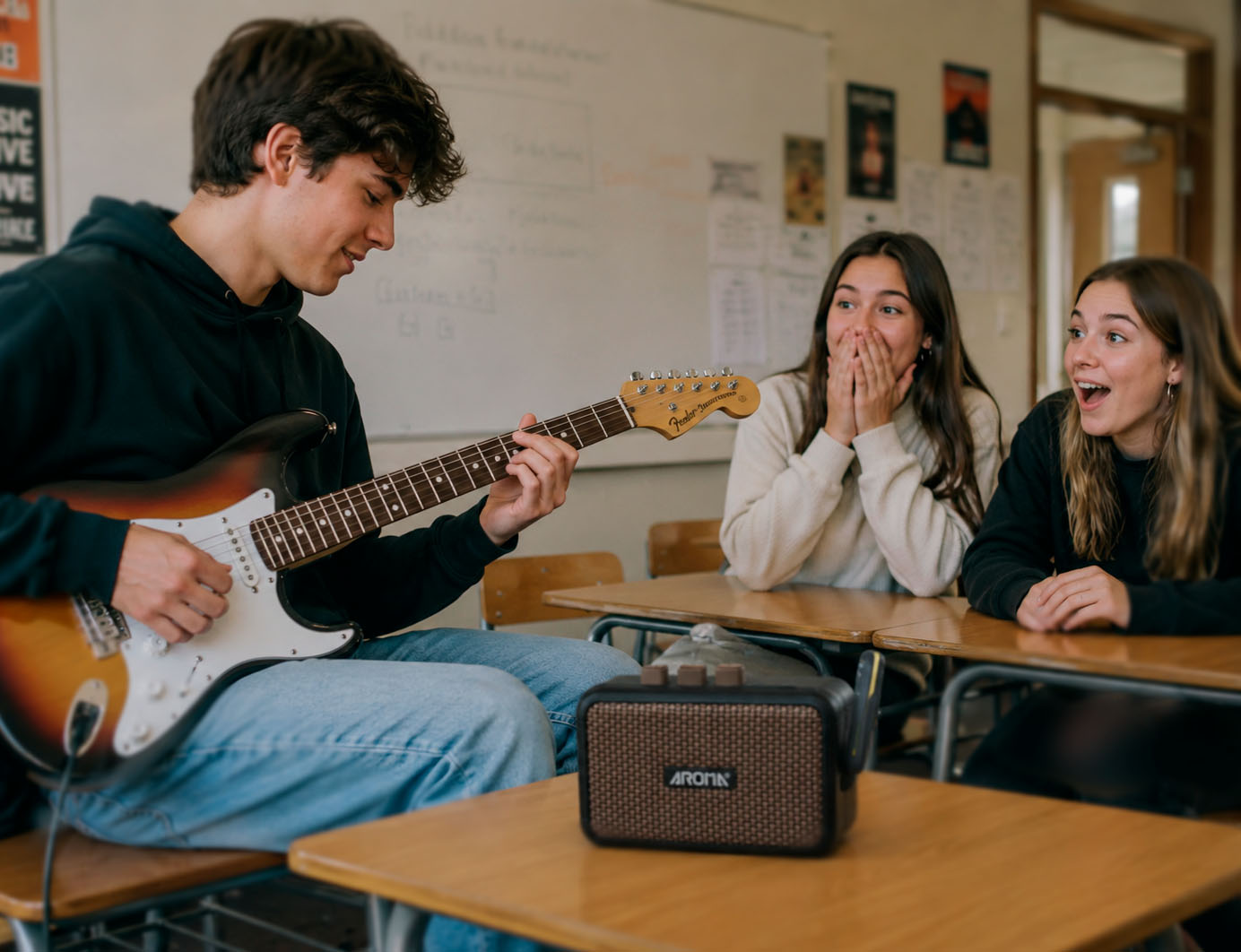 Mini Amplificador de Guitarra Aroma AG-04 Bluetooth 5W Portátil para Guitarra Eléctrica